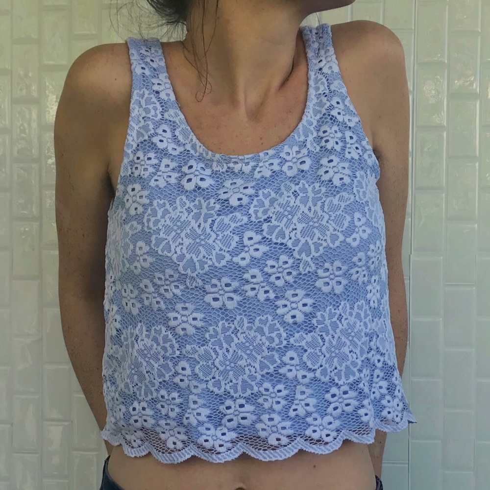 TOPSHOP Baby blue floral lace crop top 90’s
